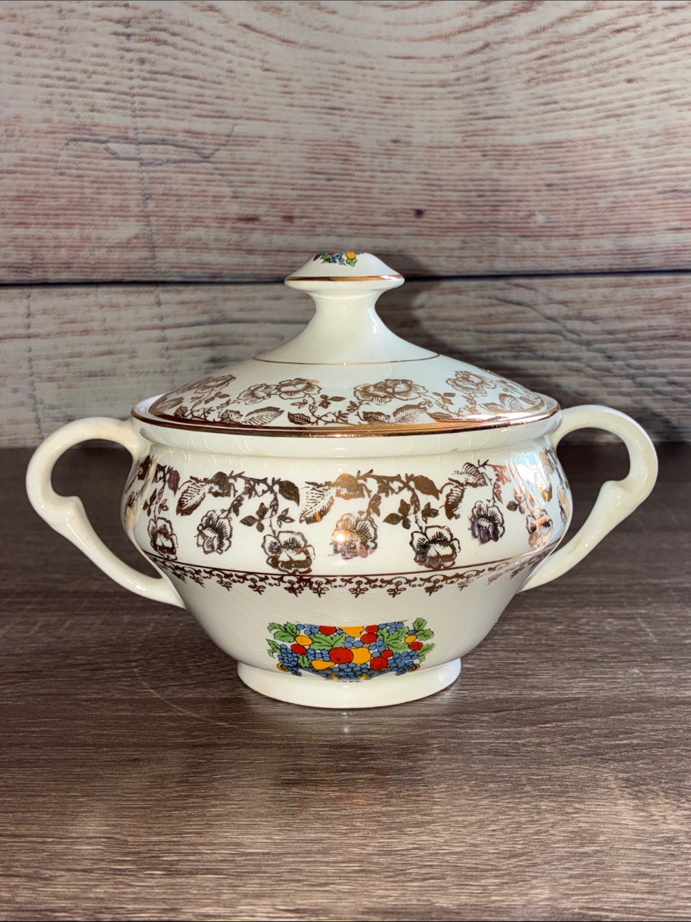 Vintage Pope Gosser White Porcelain Two-Handled Covered Sugar Bowl Floral